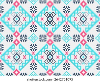 Conceito de padrão de ponto cruzado. Padrão de ponto cruz mostrando padrão geométrico étnico tradicional, Design para têxtil, fundo, tapete, papel de parede, roupas, envoltório, Batik, tecido, ilustração Vetor.