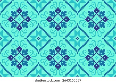 Conceito de padrão de ponto cruzado. Padrão de ponto cruz mostrando padrão geométrico étnico tradicional, Design para têxtil, fundo, tapete, papel de parede, roupas, envoltório, Batik, tecido, ilustração Vetor.
