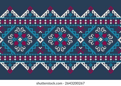 Conceito de padrão de ponto cruzado. Padrão de ponto cruz mostrando padrão geométrico étnico tradicional, Design para têxtil, fundo, tapete, papel de parede, roupas, envoltório, Batik, tecido, ilustração Vetor.