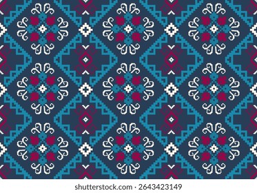 Conceito de padrão de ponto cruzado. Padrão de ponto cruz mostrando padrão geométrico étnico tradicional, Design para têxtil, fundo, tapete, papel de parede, roupas, envoltório, Batik, tecido, ilustração Vetor.