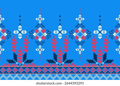 Conceito de padrão de ponto cruzado. Padrão de ponto cruz mostrando padrão geométrico étnico tradicional, Design para têxtil, fundo, tapete, papel de parede, roupas, envoltório, Batik, tecido, ilustração Vetor.