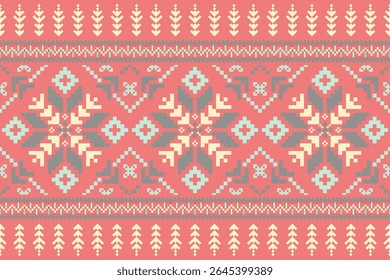 Conceito de padrão de ponto cruzado. Padrão de ponto cruz mostrando padrão geométrico étnico tradicional, Design para têxtil, fundo, tapete, papel de parede, roupas, envoltório, Batik, tecido, ilustração Vetor.