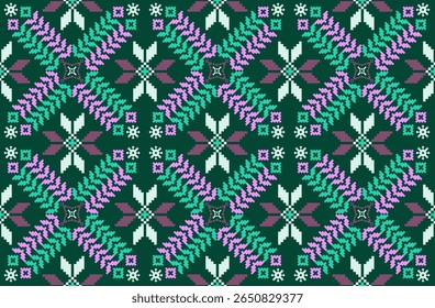 Conceito de padrão de ponto cruzado. Padrão de ponto cruz mostrando padrão geométrico étnico tradicional, Design para têxtil, fundo, tapete, papel de parede, roupas, envoltório, Batik, tecido, ilustração Vetor.
