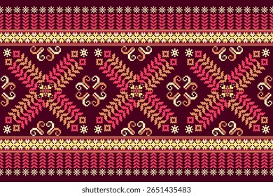 Conceito de padrão de ponto cruzado. Padrão de ponto cruz mostrando padrão geométrico étnico tradicional, Design para têxtil, fundo, tapete, papel de parede, roupas, envoltório, Batik, tecido, ilustração Vetor.
