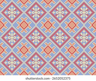 Cross stitch pattern concept. Cross stitch pattern showcasing traditional ethnic geometric pattern, Design for textile, background,carpet,wallpaper,clothing,wrapping,Batik,fabric,Vector illustration.