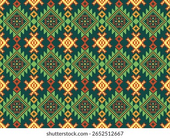 Conceito de padrão de ponto cruzado. Padrão de ponto cruz mostrando padrão geométrico étnico tradicional, Design para têxtil, fundo, tapete, papel de parede, roupas, envoltório, Batik, tecido, ilustração Vetor.