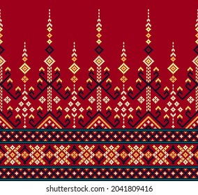 Cross stitch pattern. Design for clothing, fabric, background, wallpaper, wrapping, batik. Knitwear, Pixel pattern, Embroidery style. Vyshyvanka, sari border, saree, patola sari.