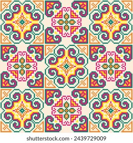 Cross stitch pattern featuring colorful flowers and swirls on a white background. Design for flowers, colorful,background, embroidery, floral pattern, stitches; floral motif; decorative; textile art.