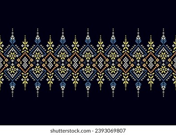 Cross Stitch pattern with Floral Designs. Traditional cross stitch needlework. Geometric Ethnic pattern, Embroidery, Textile ornamentation, fabric, Hand stitched pattern, Cultural stitching pixel art.