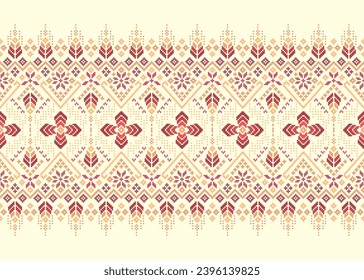 Cross Stitch pattern with Floral Designs. Traditional cross stitch needlework. Geometric Ethnic pattern, Embroidery, Textile ornamentation, fabric, Hand stitched pattern, Cultural stitching pixel art.