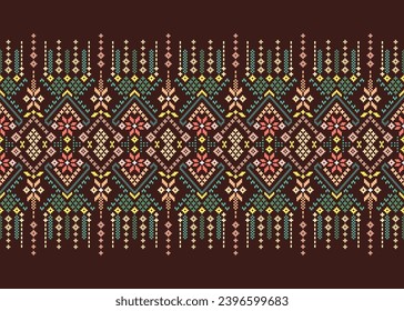 Cross Stitch pattern with Floral Designs. Traditional cross stitch needlework. Geometric Ethnic pattern, Embroidery, Textile ornamentation, fabric, Hand stitched pattern, Cultural stitching pixel art.