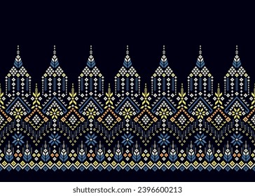 Cross Stitch pattern with Floral Designs. Traditional cross stitch needlework. Geometric Ethnic pattern, Embroidery, Textile ornamentation, fabric, Hand stitched pattern, Cultural stitching pixel art.