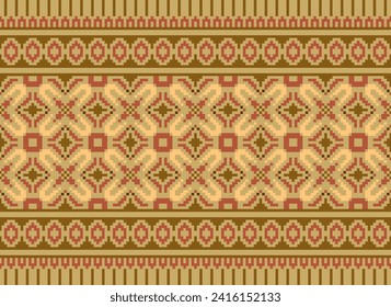 Cross Stitch pattern with Floral Designs. Traditional cross stitch needlework. Geometric Ethnic pattern, Embroidery, Textile ornamentation, fabric, Hand stitched pattern, Cultural stitching pixel art.