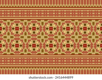 Cross Stitch pattern with Floral Designs. Traditional cross stitch needlework. Geometric Ethnic pattern, Embroidery, Textile ornamentation, fabric, Hand stitched pattern, Cultural stitching pixel art.