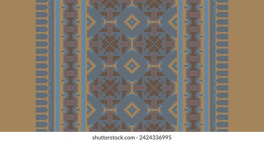 CROSS STITCH PATTERN WITH FLORAL DESIGNS. TRADITIONAL CROSS STITCH NEEDLEWORK. GEOMETRIC ETHNIC PATTERN, EMBROIDERY, TEXTILE ORNAMENTATION, FABRIC, HAND STITCHED PATTERN, CULTURAL STITCHING PIXEL ART.