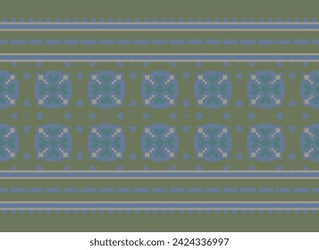 CROSS STITCH PATTERN WITH FLORAL DESIGNS. TRADITIONAL CROSS STITCH NEEDLEWORK. GEOMETRIC ETHNIC PATTERN, EMBROIDERY, TEXTILE ORNAMENTATION, FABRIC, HAND STITCHED PATTERN, CULTURAL STITCHING PIXEL ART.