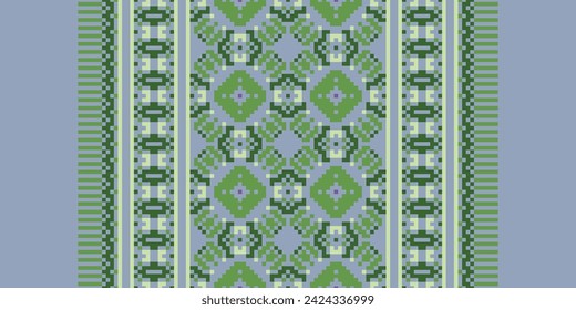 CROSS STITCH PATTERN WITH FLORAL DESIGNS. TRADITIONAL CROSS STITCH NEEDLEWORK. GEOMETRIC ETHNIC PATTERN, EMBROIDERY, TEXTILE ORNAMENTATION, FABRIC, HAND STITCHED PATTERN, CULTURAL STITCHING PIXEL ART.