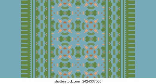 CROSS STITCH PATTERN WITH FLORAL DESIGNS. TRADITIONAL CROSS STITCH NEEDLEWORK. GEOMETRIC ETHNIC PATTERN, EMBROIDERY, TEXTILE ORNAMENTATION, FABRIC, HAND STITCHED PATTERN, CULTURAL STITCHING PIXEL ART.