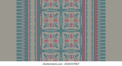 CROSS STITCH PATTERN WITH FLORAL DESIGNS. TRADITIONAL CROSS STITCH NEEDLEWORK. GEOMETRIC ETHNIC PATTERN, EMBROIDERY, TEXTILE ORNAMENTATION, FABRIC, HAND STITCHED PATTERN, CULTURAL STITCHING PIXEL ART.