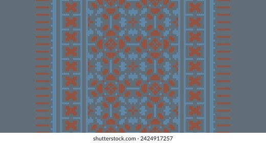 CROSS STITCH PATTERN WITH FLORAL DESIGNS. TRADITIONAL CROSS STITCH NEEDLEWORK. GEOMETRIC ETHNIC PATTERN, EMBROIDERY, TEXTILE ORNAMENTATION, FABRIC, HAND STITCHED PATTERN, CULTURAL STITCHING PIXEL ART.