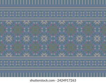 CROSS STITCH PATTERN WITH FLORAL DESIGNS. TRADITIONAL CROSS STITCH NEEDLEWORK. GEOMETRIC ETHNIC PATTERN, EMBROIDERY, TEXTILE ORNAMENTATION, FABRIC, HAND STITCHED PATTERN, CULTURAL STITCHING PIXEL ART.