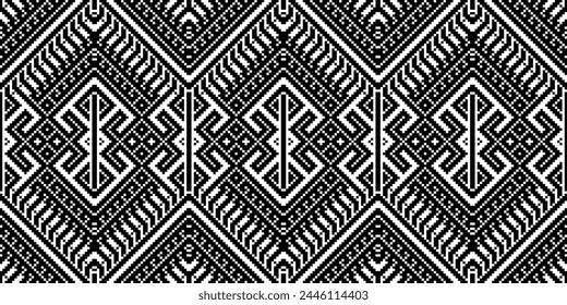 Patrón de punto de cruz con Diseños florales. Costura de punto de cruz tradicional. Patrón étnico geométrico, bordado, ornamentación textil, tela, patrón cosido a mano, arte de píxel de costura cultural.
