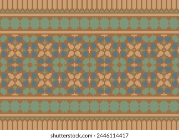 Cross Stitch pattern with Floral Designs. Traditional cross stitch needlework. Geometric Ethnic pattern, Embroidery, Textile ornamentation, fabric, Hand stitched pattern, Cultural stitching pixel art.