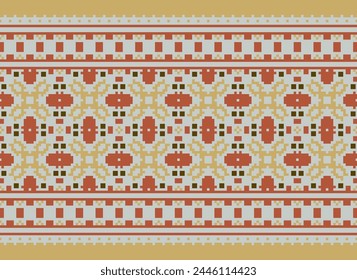 Patrón de punto de cruz con Diseños florales. Costura de punto de cruz tradicional. Patrón étnico geométrico, bordado, ornamentación textil, tela, patrón cosido a mano, arte de píxel de costura cultural.