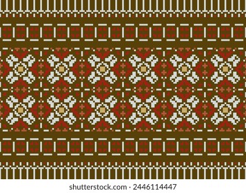 Cross Stitch pattern with Floral Designs. Traditional cross stitch needlework. Geometric Ethnic pattern, Embroidery, Textile ornamentation, fabric, Hand stitched pattern, Cultural stitching pixel art.
