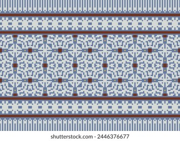 Cross Stitch pattern with Floral Designs. Traditional cross stitch needlework. Geometric Ethnic pattern, Embroidery, Textile ornamentation, fabric, Hand stitched pattern, Cultural stitching pixel art.