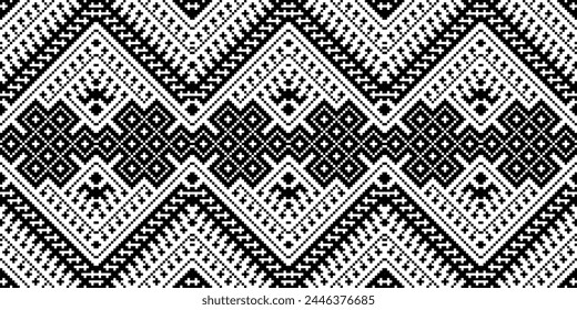 Patrón de punto de cruz con Diseños florales. Costura de punto de cruz tradicional. Patrón étnico geométrico, bordado, ornamentación textil, tela, patrón cosido a mano, arte de píxel de costura cultural.