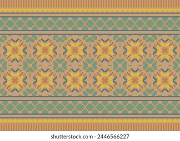 Patrón de punto de cruz con Diseños florales. Costura de punto de cruz tradicional. Patrón étnico geométrico, bordado, ornamentación textil, tela, patrón cosido a mano, arte de píxel de costura cultural.