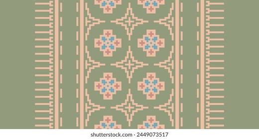 Cross Stitch pattern with Floral Designs. Traditional cross stitch needlework. Geometric Ethnic pattern, Embroidery, Textile ornamentation, fabric, Hand stitched pattern, Cultural stitching pixel art.