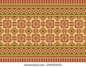 Cross Stitch pattern with Floral Designs. Traditional cross stitch needlework. Geometric Ethnic pattern, Embroidery, Textile ornamentation, fabric, Hand stitched pattern, Cultural stitching pixel art.
