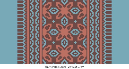 Cross Stitch pattern with Floral Designs. Traditional cross stitch needlework. Geometric Ethnic pattern, Embroidery, Textile ornamentation, fabric, Hand stitched pattern, Cultural stitching pixel art.
