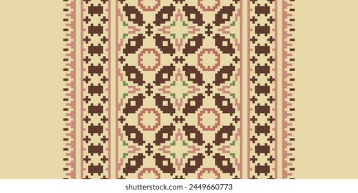 Cross Stitch pattern with Floral Designs. Traditional cross stitch needlework. Geometric Ethnic pattern, Embroidery, Textile ornamentation, fabric, Hand stitched pattern, Cultural stitching pixel art.