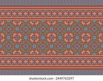 Cross Stitch pattern with Floral Designs. Traditional cross stitch needlework. Geometric Ethnic pattern, Embroidery, Textile ornamentation, fabric, Hand stitched pattern, Cultural stitching pixel art.