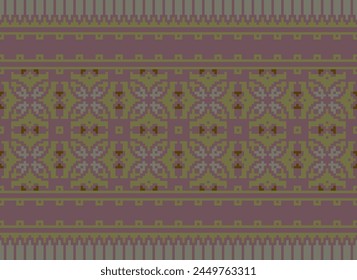 Patrón de punto de cruz con Diseños florales. Costura de punto de cruz tradicional. Patrón étnico geométrico, bordado, ornamentación textil, tela, patrón cosido a mano, arte de píxel de costura cultural.