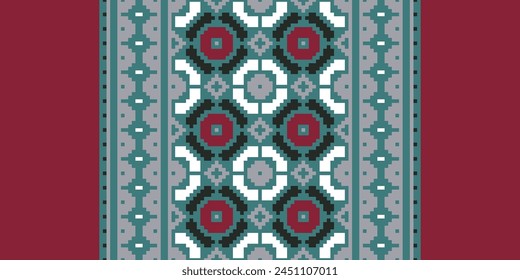 Cross Stitch pattern with Floral Designs. Traditional cross stitch needlework. Geometric Ethnic pattern, Embroidery, Textile ornamentation, fabric, Hand stitched pattern, Cultural stitching pixel art.