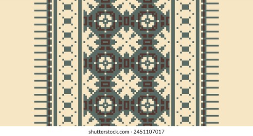 Cross Stitch pattern with Floral Designs. Traditional cross stitch needlework. Geometric Ethnic pattern, Embroidery, Textile ornamentation, fabric, Hand stitched pattern, Cultural stitching pixel art.