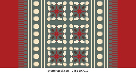 Cross Stitch pattern with Floral Designs. Traditional cross stitch needlework. Geometric Ethnic pattern, Embroidery, Textile ornamentation, fabric, Hand stitched pattern, Cultural stitching pixel art.