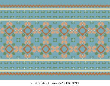 Cross Stitch pattern with Floral Designs. Traditional cross stitch needlework. Geometric Ethnic pattern, Embroidery, Textile ornamentation, fabric, Hand stitched pattern, Cultural stitching pixel art.