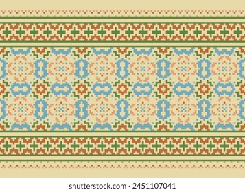 Cross Stitch pattern with Floral Designs. Traditional cross stitch needlework. Geometric Ethnic pattern, Embroidery, Textile ornamentation, fabric, Hand stitched pattern, Cultural stitching pixel art.