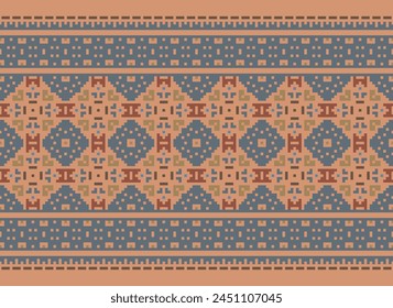 Cross Stitch pattern with Floral Designs. Traditional cross stitch needlework. Geometric Ethnic pattern, Embroidery, Textile ornamentation, fabric, Hand stitched pattern, Cultural stitching pixel art.