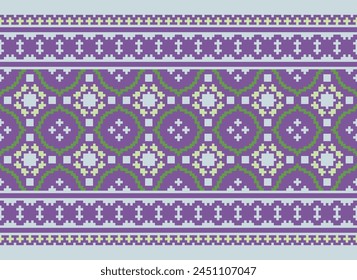 Cross Stitch pattern with Floral Designs. Traditional cross stitch needlework. Geometric Ethnic pattern, Embroidery, Textile ornamentation, fabric, Hand stitched pattern, Cultural stitching pixel art.