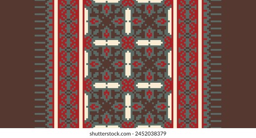 Cross Stitch pattern with Floral Designs. Traditional cross stitch needlework. Geometric Ethnic pattern, Embroidery, Textile ornamentation, fabric, Hand stitched pattern, Cultural stitching pixel art.