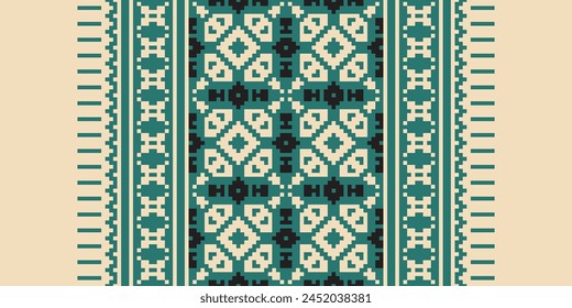 Cross Stitch pattern with Floral Designs. Traditional cross stitch needlework. Geometric Ethnic pattern, Embroidery, Textile ornamentation, fabric, Hand stitched pattern, Cultural stitching pixel art.