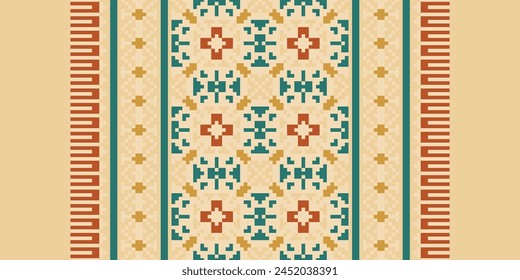 Cross Stitch pattern with Floral Designs. Traditional cross stitch needlework. Geometric Ethnic pattern, Embroidery, Textile ornamentation, fabric, Hand stitched pattern, Cultural stitching pixel art.