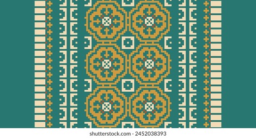 Cross Stitch pattern with Floral Designs. Traditional cross stitch needlework. Geometric Ethnic pattern, Embroidery, Textile ornamentation, fabric, Hand stitched pattern, Cultural stitching pixel art.