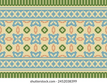 Cross Stitch pattern with Floral Designs. Traditional cross stitch needlework. Geometric Ethnic pattern, Embroidery, Textile ornamentation, fabric, Hand stitched pattern, Cultural stitching pixel art.